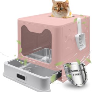 Helntova Stainless Steel Litter Box, Foldable Enclosed Cat Litter Box with Lid, Large Top Exit Design with Pull-Out Drawer & Scoop, Easy Clean Odor Control -Pink