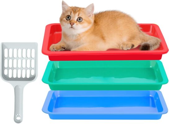 3 Pcs Kitten Litter Box with 1 Scoop,9.6" Plastic Portable Nonstick Small Litter Pan Low Entry Waterproof Bunny Cat Litter Box,Multi Color Litter Tray Travel Toilet for Small Pet Guinea Pig Rabbit