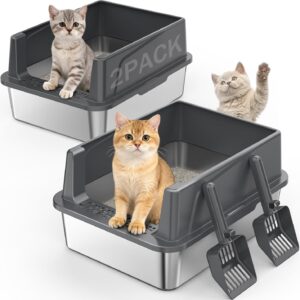 2PACK Stainless Steel Cat Litter Box with Lid, High-Sided Metal Litter Pan for Small Cats, Kitty Litter Box, Non-Stick & Odor-Resistant, Anti-Urine Leakage, Easy to Clean, Scoop Included